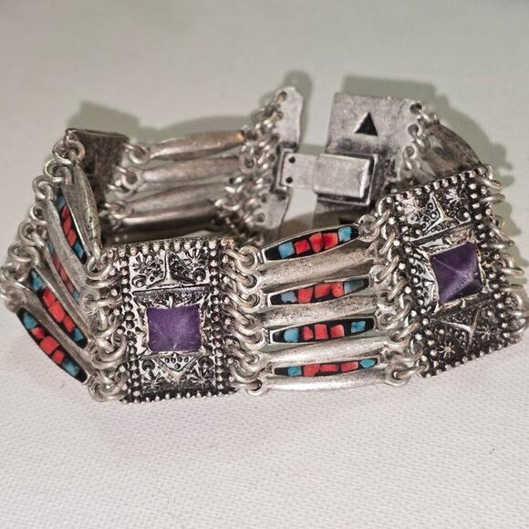 Lucky You Boho Silver Tone Cuff Bracelet Gemstone Inlay Statement Women